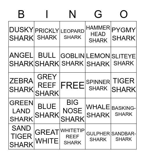 SHARK BINGO Card