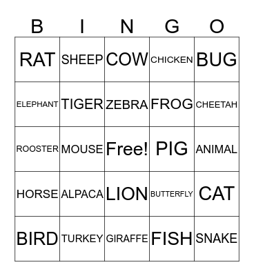 ANIMAL Bingo Card