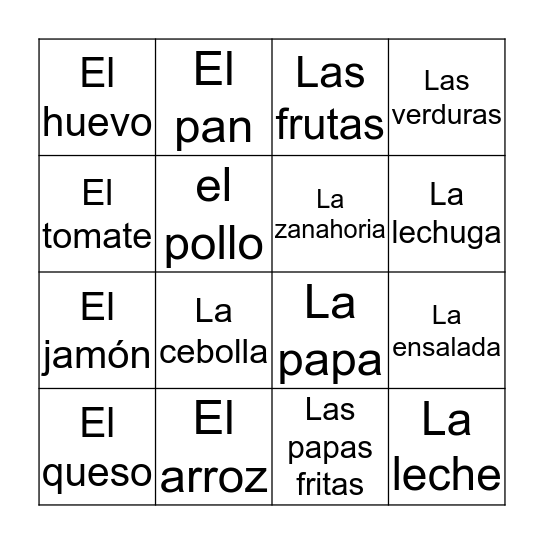 Comida Bingo Card