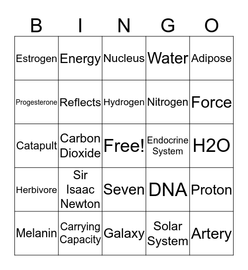 Senior Science Night Bingo Card