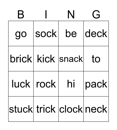 Digraph -ck/Long vowels Bingo Card