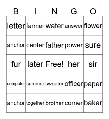 Er Sounds Bingo Card