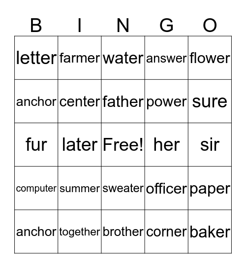 Er Sounds Bingo Card