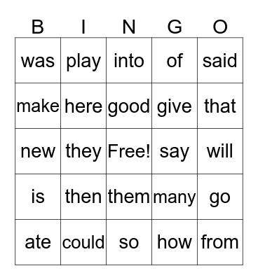 Sight Words Bingo Card