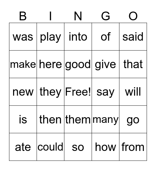 Sight Words Bingo Card