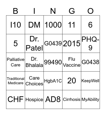 Chronic Care Management Bingo Card