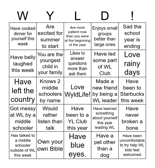 WyldLife Leader Bingo! Bingo Card