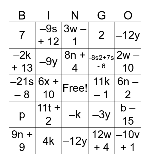 Combining Like Terms Bingo Card