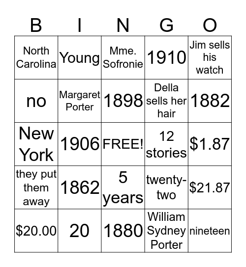 The Gift Of The Magi/O.Henry Bingo Card