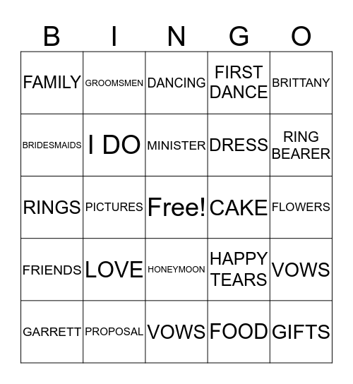 BRITTANYS BRIDAL BINGO Card