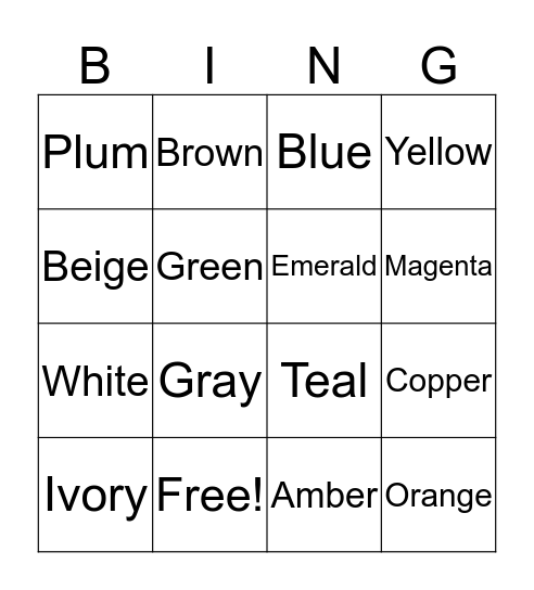 Colors & Odd Colors Bingo Card