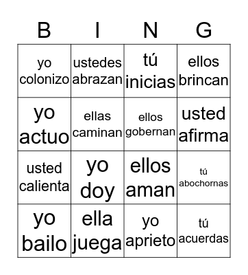 Loteria: Verbos -AR Bingo Card
