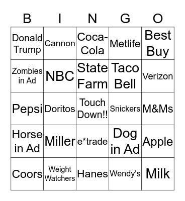 The Tracks Tavern Super Bowl Commercial Bingo Card