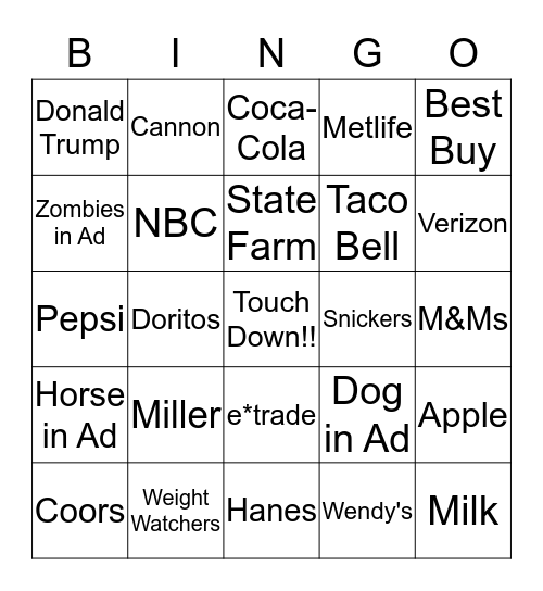 The Tracks Tavern Super Bowl Commercial Bingo Card