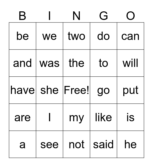 Sight Word BINGO Card