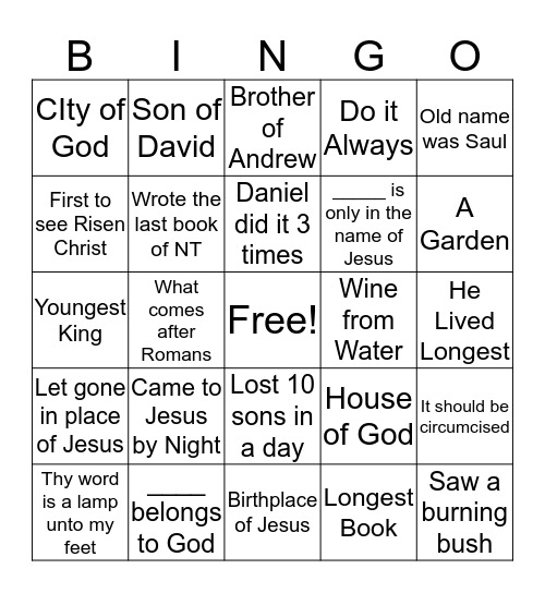 Bible Quize Bingo Card