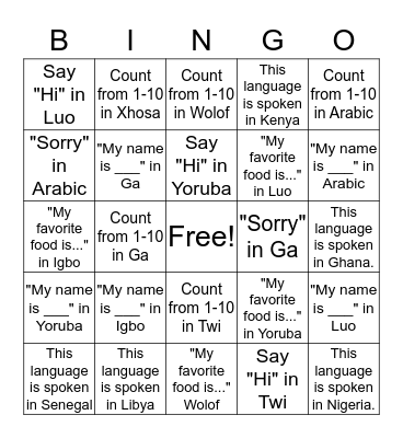 Language Library Bingo Card