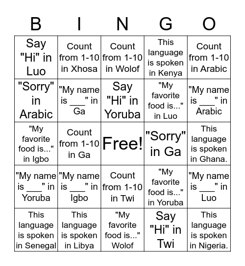Language Library Bingo Card