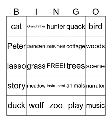 Peter and the Wolf Reading Words Bingo Card