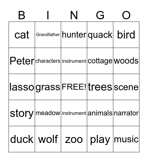 Peter and the Wolf Reading Words Bingo Card