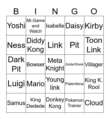 Super Smash Bros Memory Bingo Card