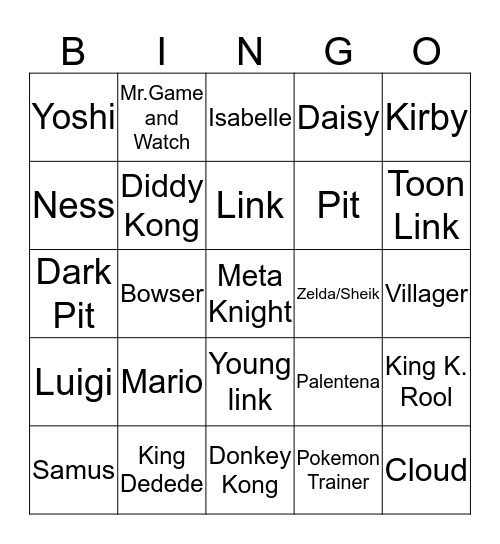 Super Smash Bros Memory Bingo Card