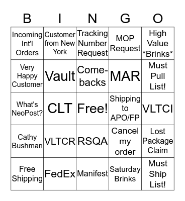 Tiffany Service Center Bingo Card