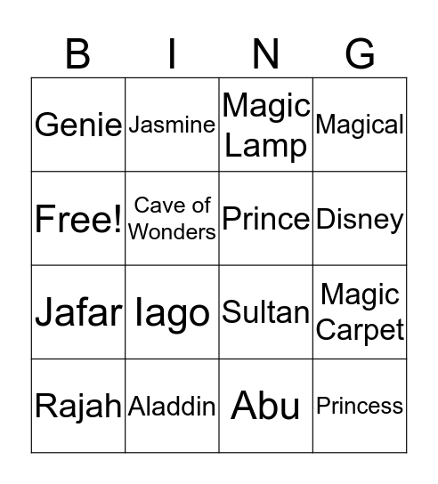 Aladdin Bingo Card