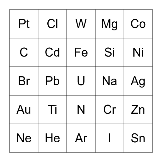 Elementen Bingo Card