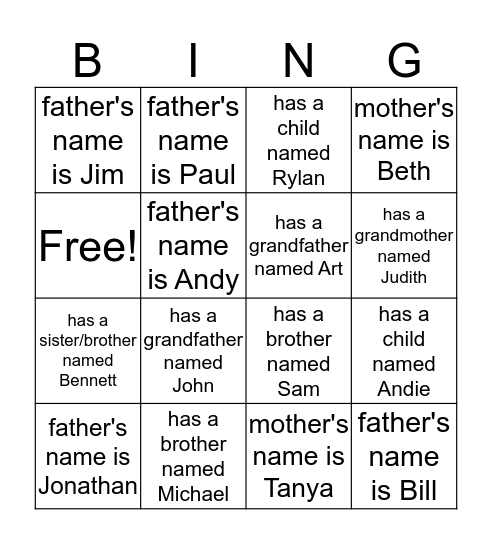 Family Term Bingo Card