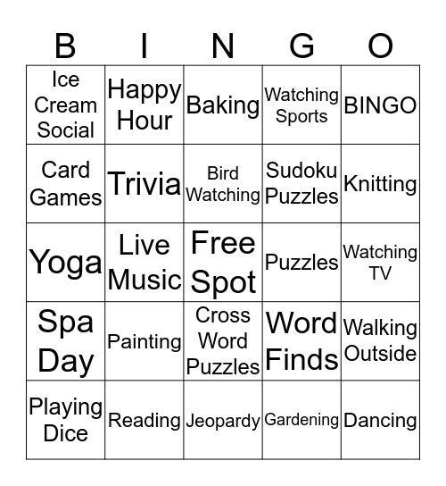 Favorite Activities Bingo Card