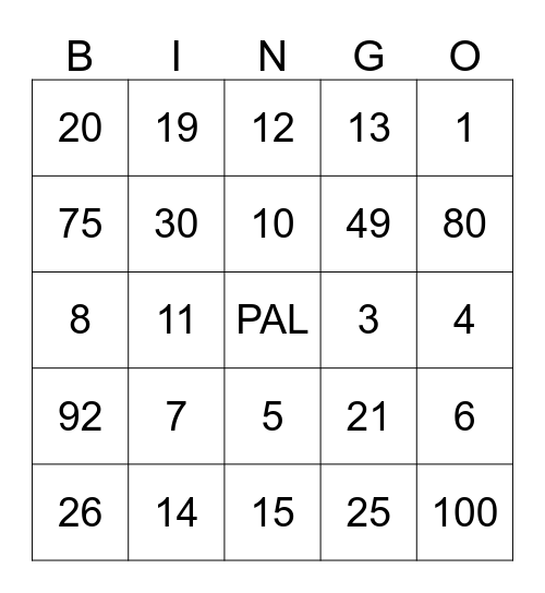 PAL BINGO Card