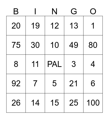 PAL BINGO Card