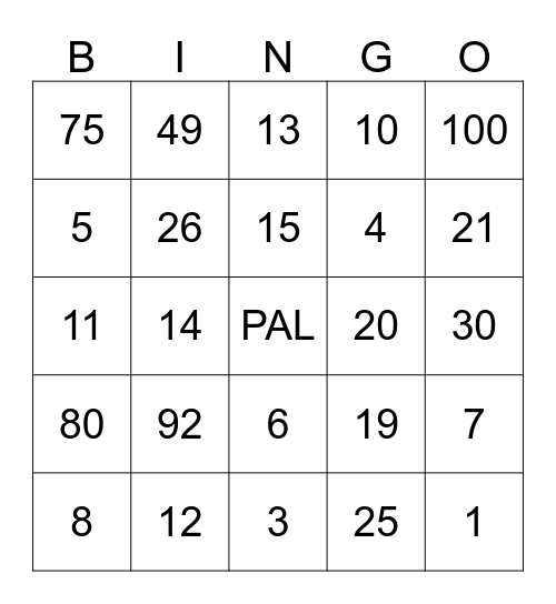 PAL BINGO Card