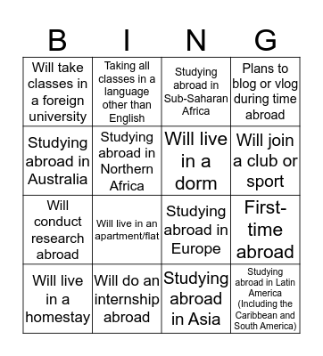 Study Abroad  Bingo Card