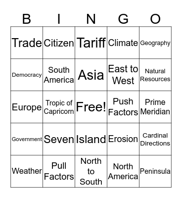 Grandparents Day Geography Bingo Card