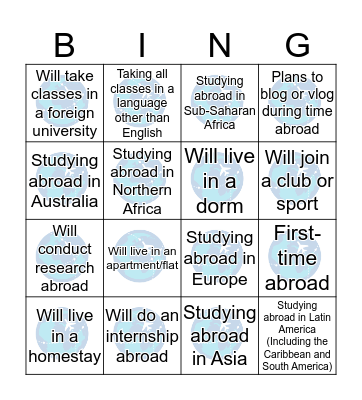 Study Abroad  Bingo Card