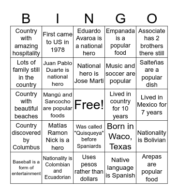 Taste Travel Explore Bingo Card