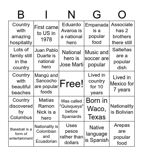 Taste Travel Explore Bingo Card