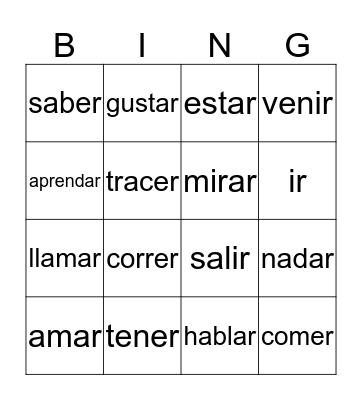 Spanish verbs bingo Card