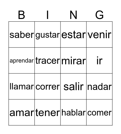 Spanish verbs bingo Card