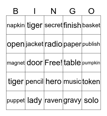 Open and Closed Syllables Bingo Card