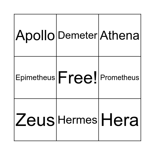 Mythology Bingo Card