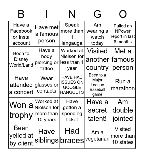 Nielsen Life Experience Bingo Card