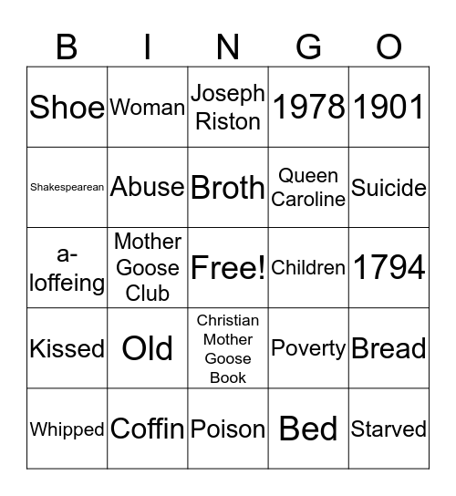 There Was an Old Lady Who Lived in a Shoe Bingo Card