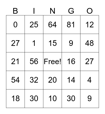 Multiplication Bingo Card
