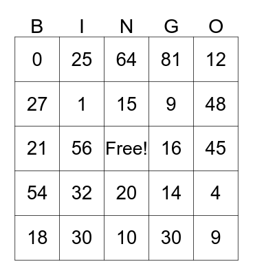 Multiplication Bingo Card