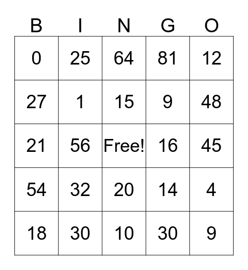 Multiplication Bingo Card