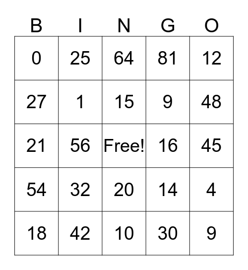 Multiplication Bingo Card