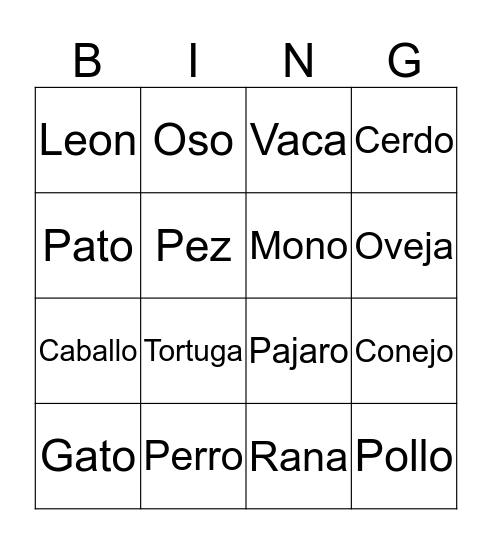 Animales Bingo Card